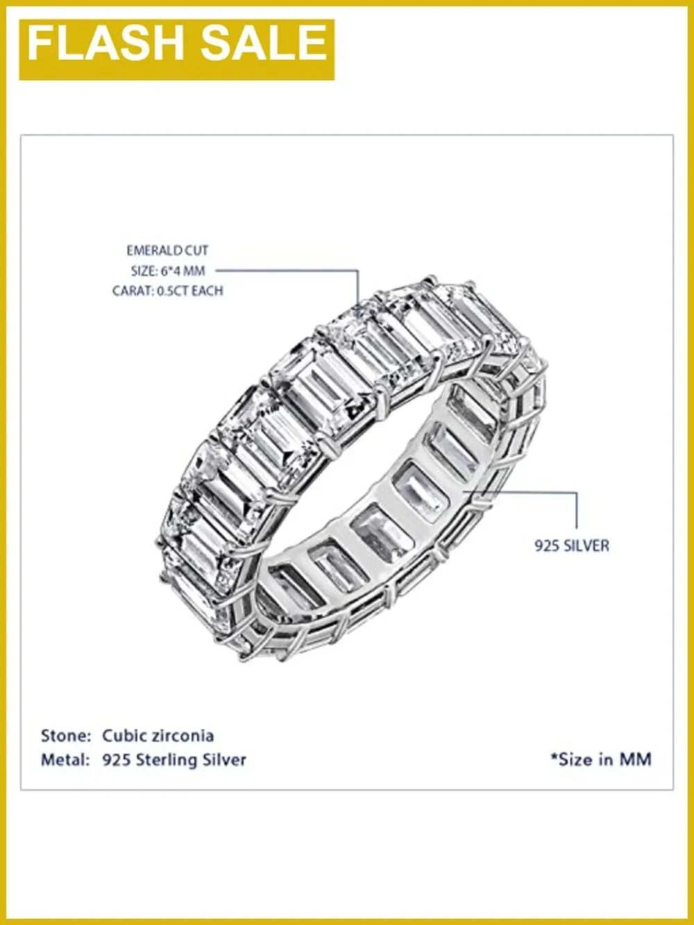 Emerald Cut Cubic Zirconia Eternity Ring 14K Yellow Gold Plated 925 Sterling